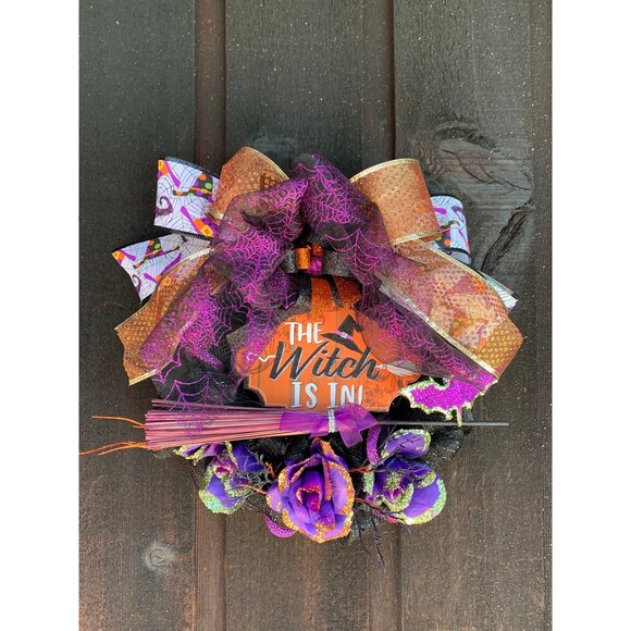The Witch is In Handmade Halloween Wreath 12" Purple Mesh Decor - Picture 1 of 5
